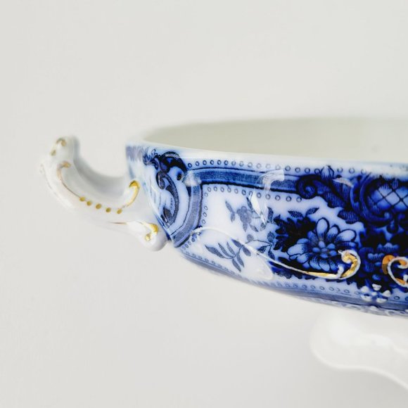 J&G Meakin Flow Blue Covered Vegetable Dish, Embossed w/Gold Accents, England - Picture 5 of 16